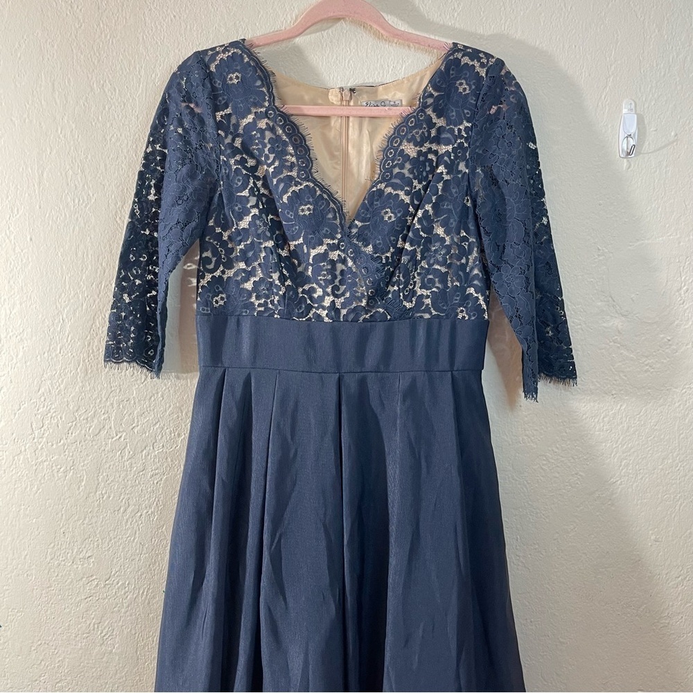 Eliza J Lace Faille Formal Empire Waist Gown Navy Blue Women Size 8 Wedding - Picture 6 of 14